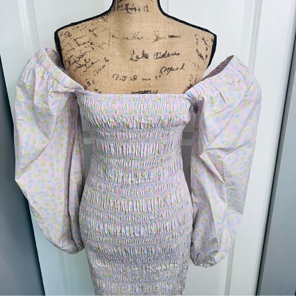 Sz 8 (40 EUR) GANNI Cherry Blossom Floral Smocked Mini Bodycon Dress - Picture 4 of 13